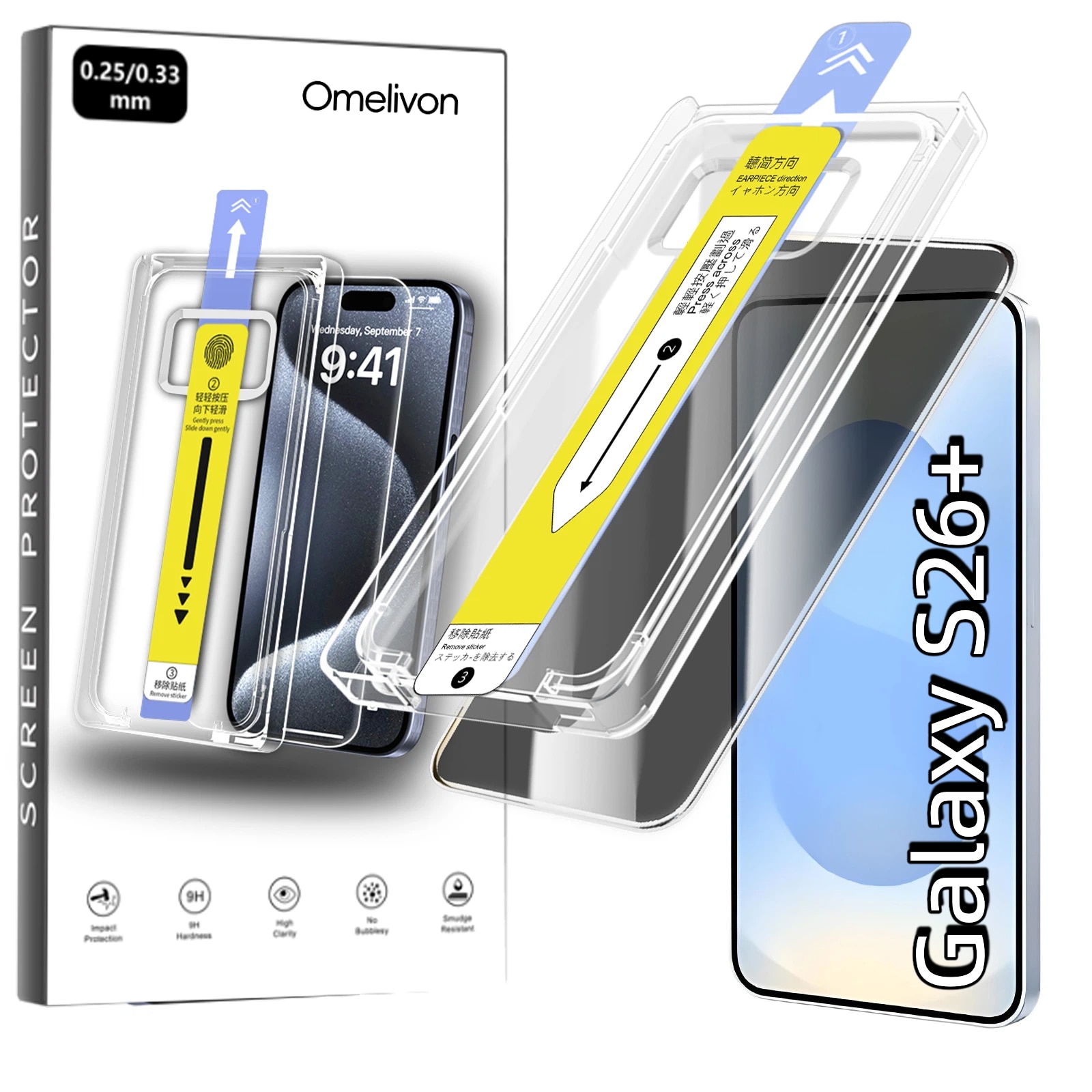 Folie de Protectie Privacy pentru Samsung Galaxy S26 Plus, Omelivon, Sticla Securizata, cu Kit de Aplicare Instanta si Functie Automata de Indepartare a Prafului, Duritate 9H, Ultra HD, advanced touch sensitivity, Anti Amprente