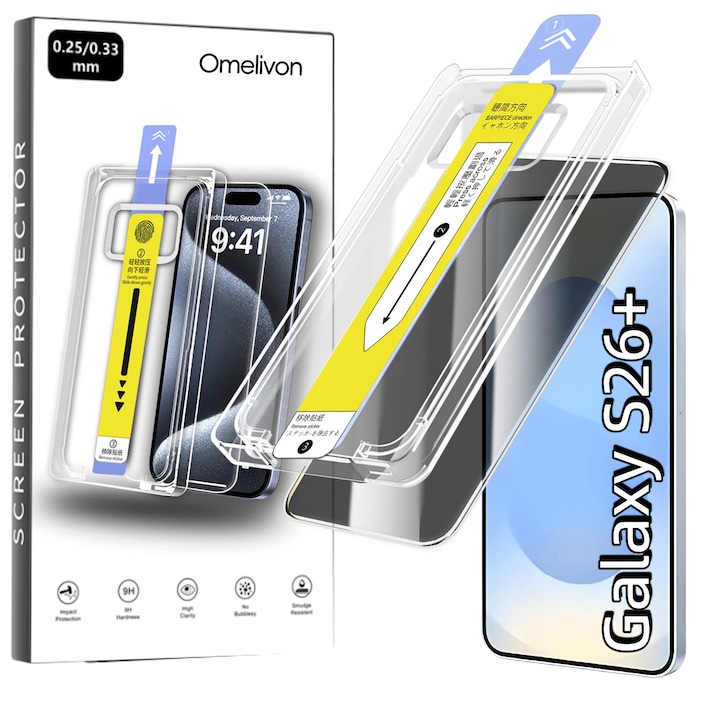 Folie de Protectie Privacy pentru Samsung Galaxy S26 Plus, Omelivon, Sticla Securizata, cu Kit de Aplicare Instanta si Functie Automata de Indepartare a Prafului, Duritate 9H, Ultra HD, advanced touch sensitivity, Anti Amprente
