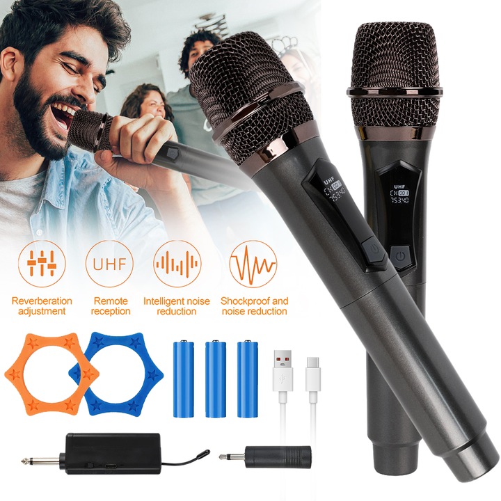 Microfon Wireless 2.4G, Sistem De Microfon duale Dinamic Metalic Cu Receptor Reincarcabil, Pentru Petrecere Karaoke, Amplificator De Voce, Sistem Pa, Aparat De Cantat, Biserica, Nunta, Intalnire