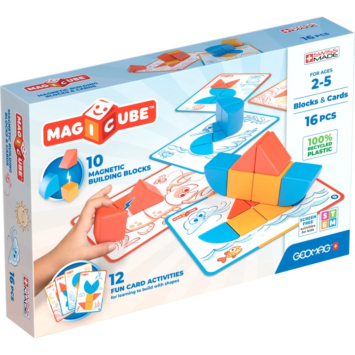 Set de construcție magnetică Geomag Magicube, 16 piese, include 6 carduri, 100% plastic reciclat