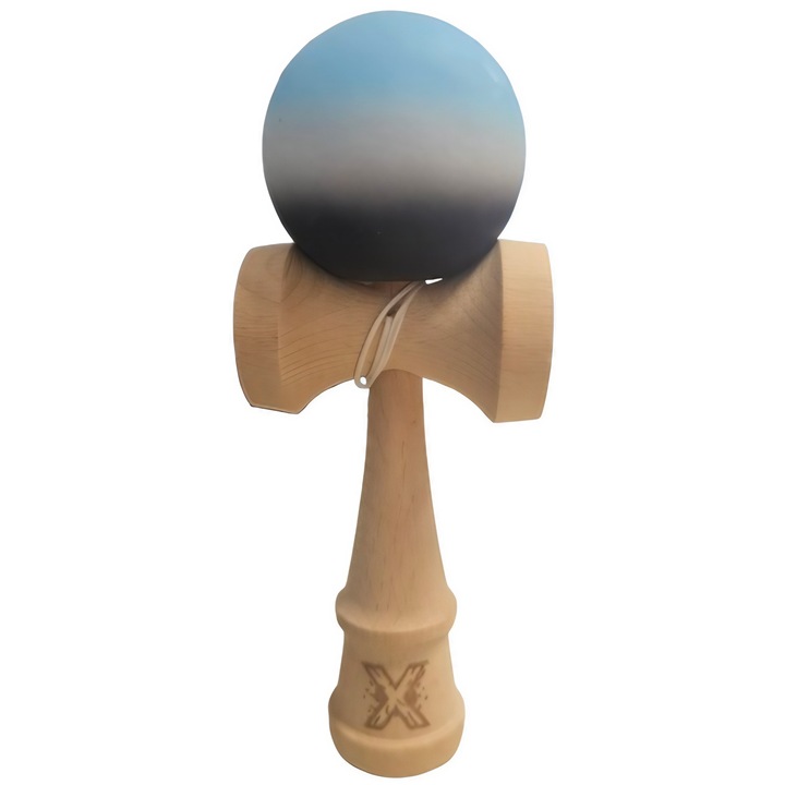 Kendama X Originala, Profesionala, Leski, Rubber Grip, din Lemn, 18 cm, Albastru/Alb/Negru