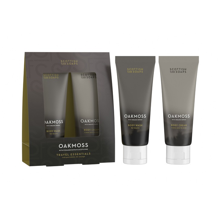 Set Cadou Travel Scottish Fine Soaps, Colectia Oakmoss Essentials, unisex, Gel dus 75ml si Crema corp 75ml