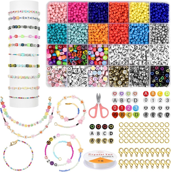 Set 2160 margele de sticla colorate AUAUY, 4mm, diferite modele, rola snur, foarfeca, multicolor