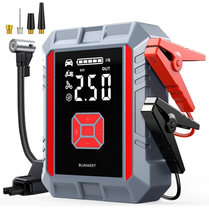 Starter auto portabil cu compresor 4 in 1, BUANIERT®, 2000A, 150PSI, 12V, 20000mah, pentru motor 5L benzina sau 2L diesel, Power Bank, Lanterna, Ecran LED, clesti inteligenti incluse