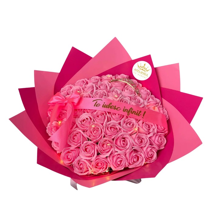 Buchet trandafiri sapun, 51 fire, roz, cu coronita si luminite, 50x41.5cm