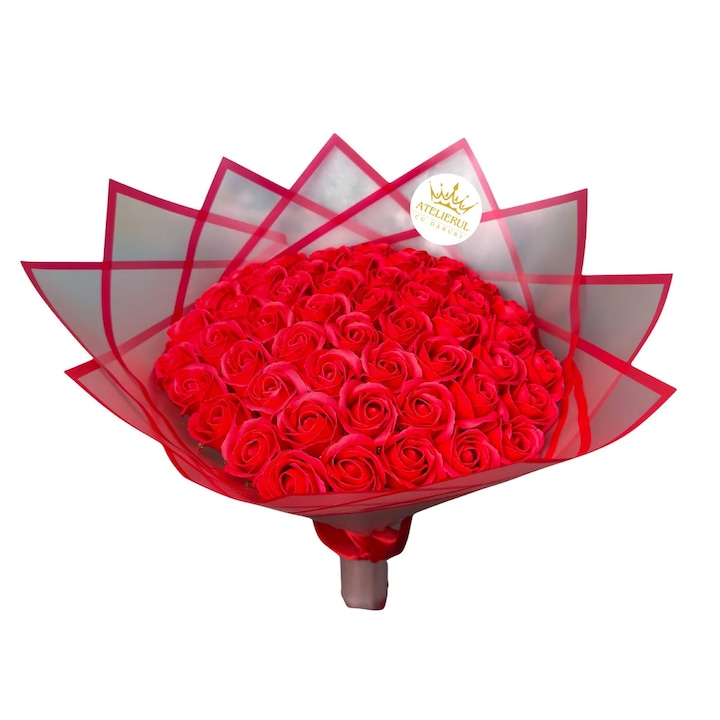 Buchet trandafiri sapun, 51 fire, parfumati, rosu, 50x41.5cm