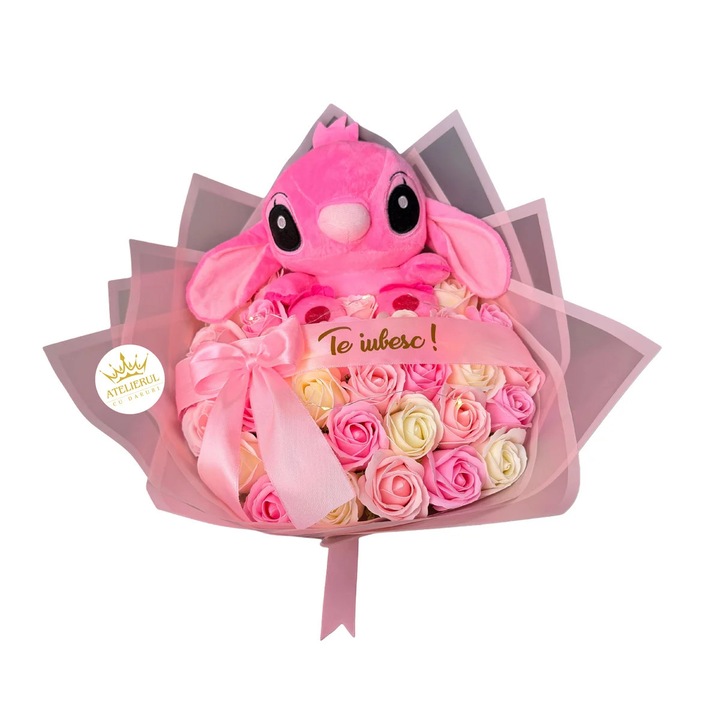 Buchet de Trandafiri de Sapun cu Stitch Roz, 31 trandafiri, mesaj "Te iubesc", 50.5x39cm