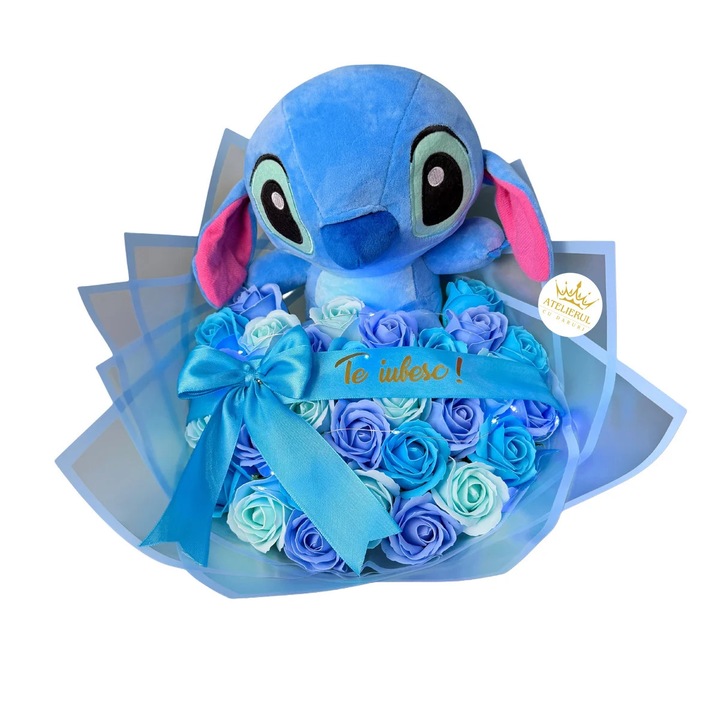 Buchet de flori cu Stitch Albastru, 31 trandafiri de sapun, luminite cadou, mesaj "Te iubesc", 50.5x39cm
