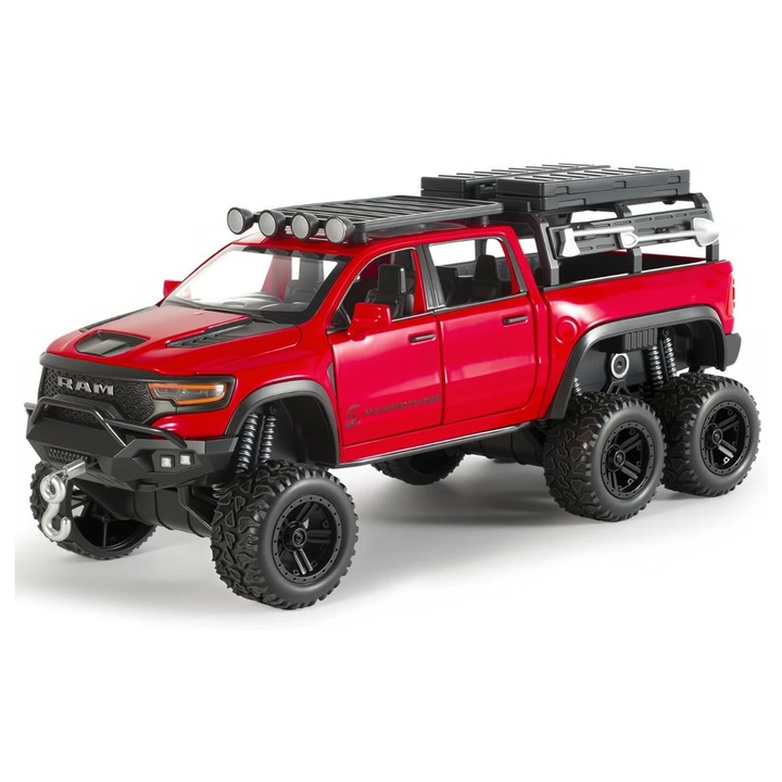 Fém autó RAM Hennessey 1:24, Off-Road modell visszahúzással, fényekkel és hangokkal, nyitható ajtókkal, levehető kiegészítőkkel, 19 cm