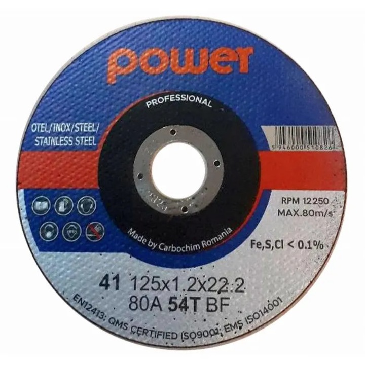 Disc debitare inox si otel, Carbochim Power 80A54TBF, 125 x 22.2 x 1.2 mm