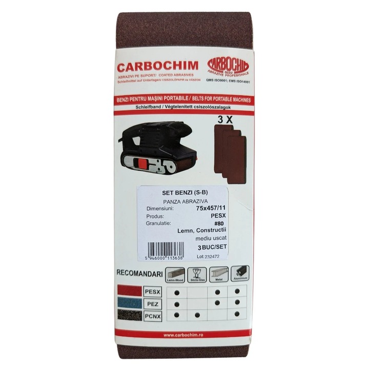 Banda fara sfarsit, pentru lemn / metale, Carboas PESX, 75 x 457 x 11 mm, granulatie 80, set 3 bucati