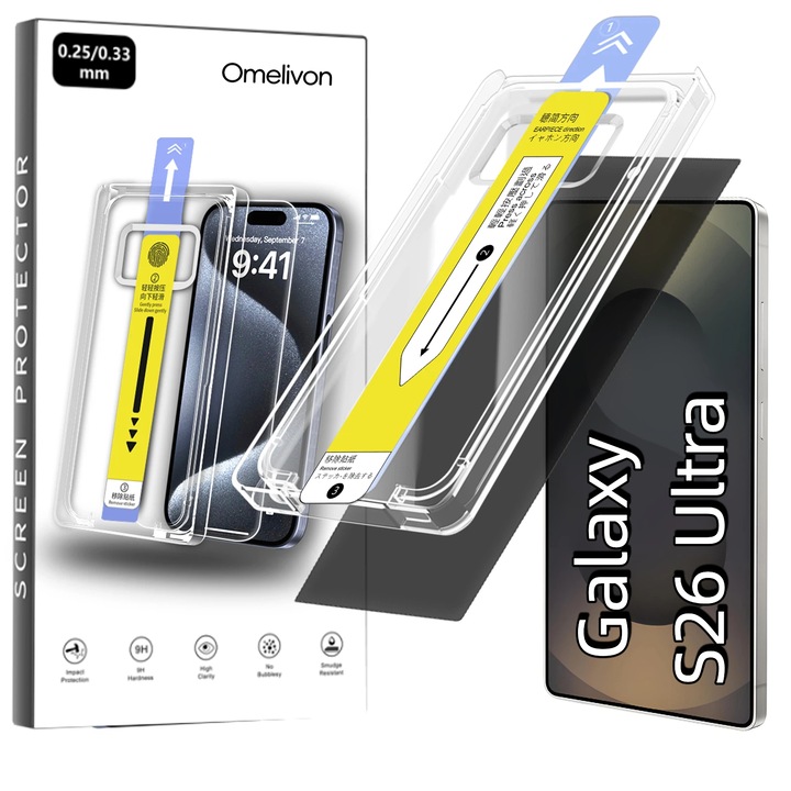 Folie de Protectie Privacy pentru Samsung Galaxy S26 Ultra, Omelivon, Sticla Securizata, cu Kit de Aplicare Instanta si Functie Automata de Indepartare a Prafului, Duritate 9H, Ultra HD, advanced touch sensitivity, Anti Amprente