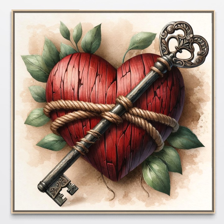 Tablou Canvas Premium, LuxCanva® E1067, Cheia Sufletului Meu, 90 X 90 CM, Panza Bumbac 100% 400g/m2, Sasiu, Lemn, Dragoste, Inima, Iubire, Lacat, Cheie, Incredere, Intimitate, Taina, Destin, Frumusete, Legatura, Living, Dormitor