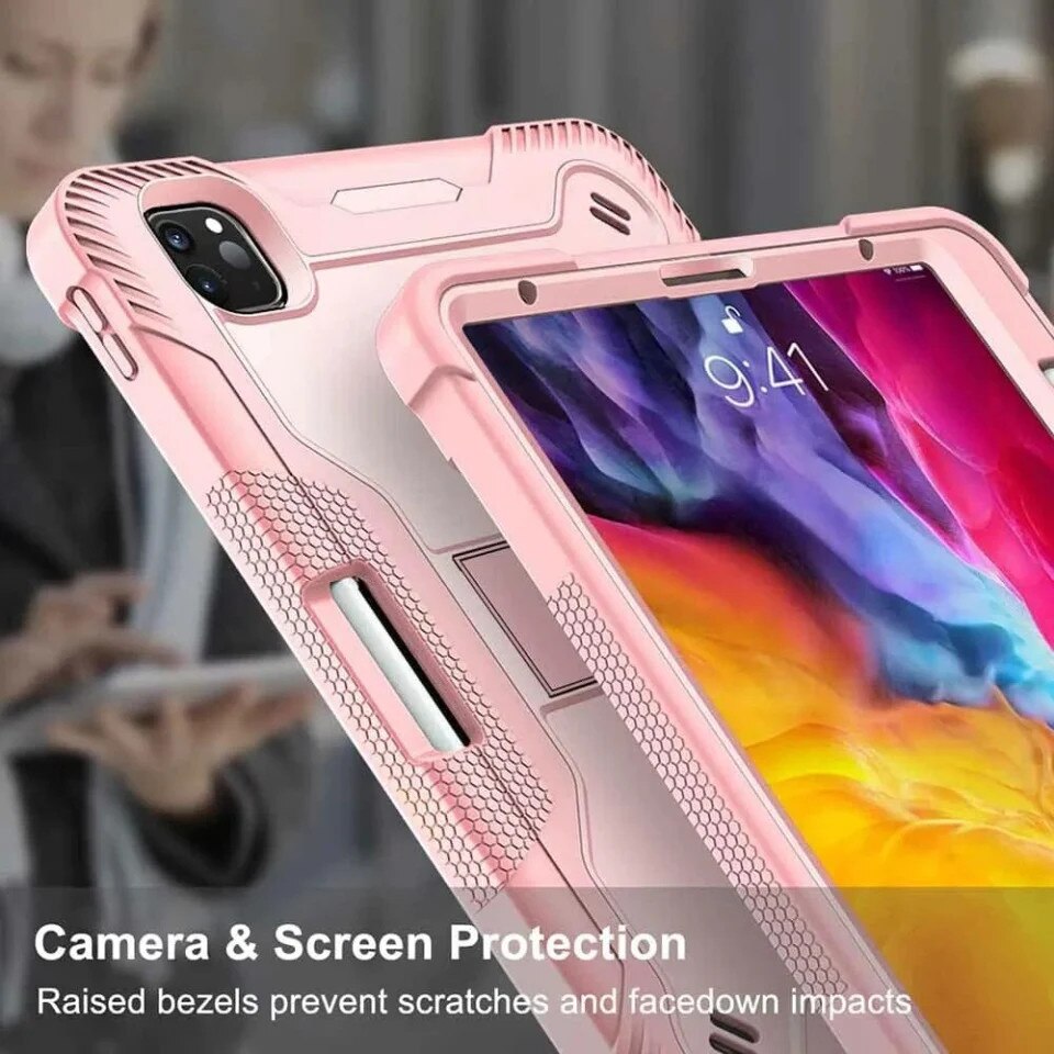 Husa pentru tableta iPad Pro 11 (2024) / iPad Pro 11 (2025), SKYDDAR INNOVATION, Antisoc si Anti-zgarieturi, Rugged TabShell, Roz, set cu sticker