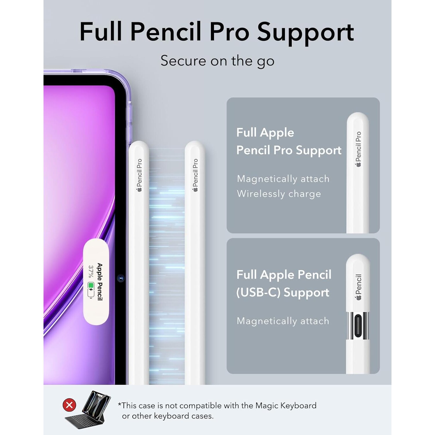Husa ESR compatibila iPad Air 13 Inch (2025/2024), protectie Shock & Drop, suport magnetic/wireless charging Apple Pencil Pro, Pencil (USB-C), Clear Purple