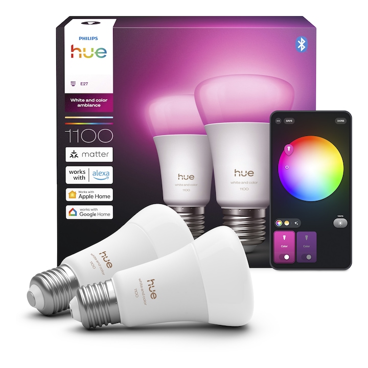 Комплект 2 смарт RGB крушки Philips Hue WCA 1100, A60, E27, 1100 lm, 75 W, бяла и цветна светлина (1000-20.000K), гласов контрол, енергиен клас D