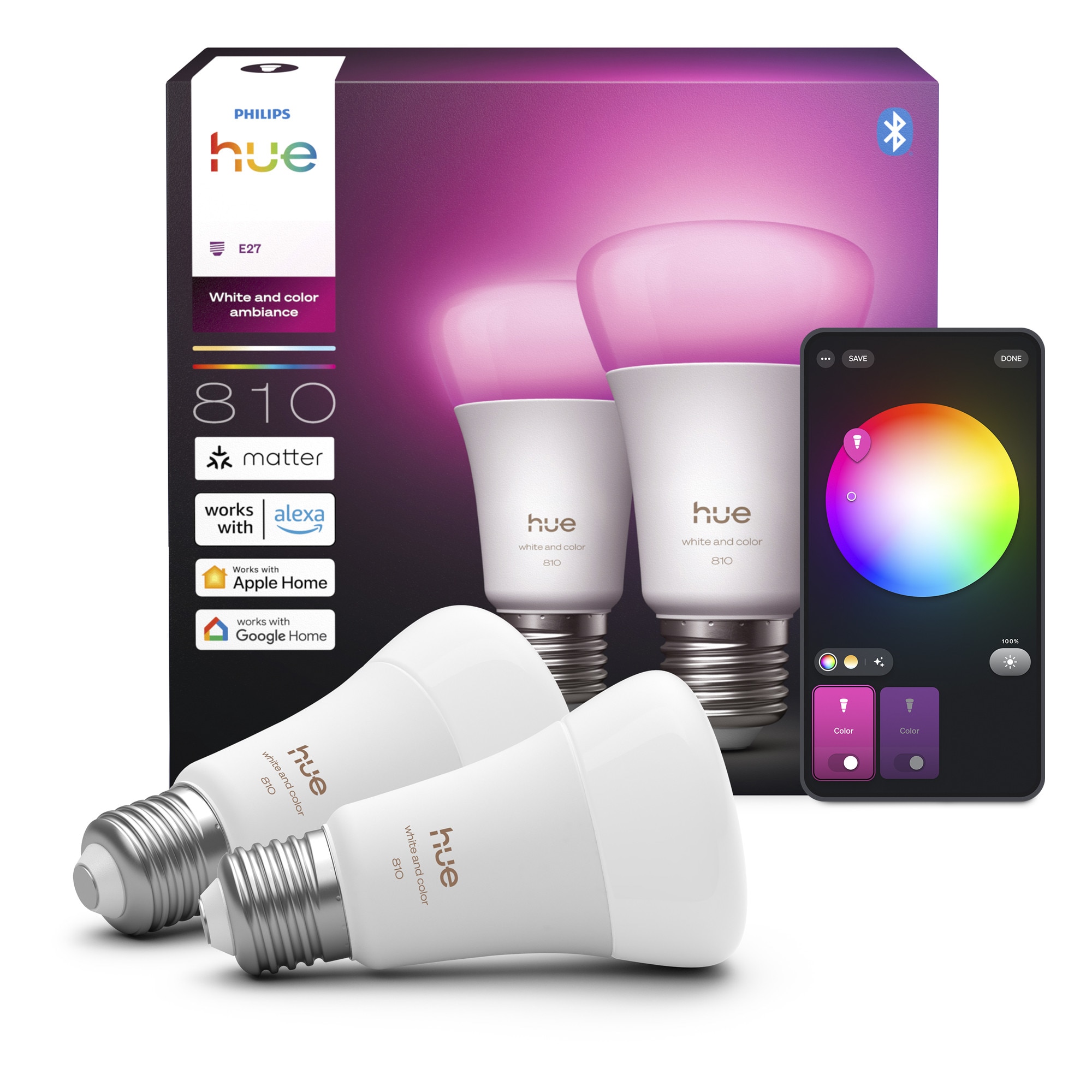 Set 2 becuri smart RGB Philips Hue WCA 810, A60, E27, 810 lm, 60 W, lumina alba si colorata (1000-20.000K), control vocal, clasa energetica D