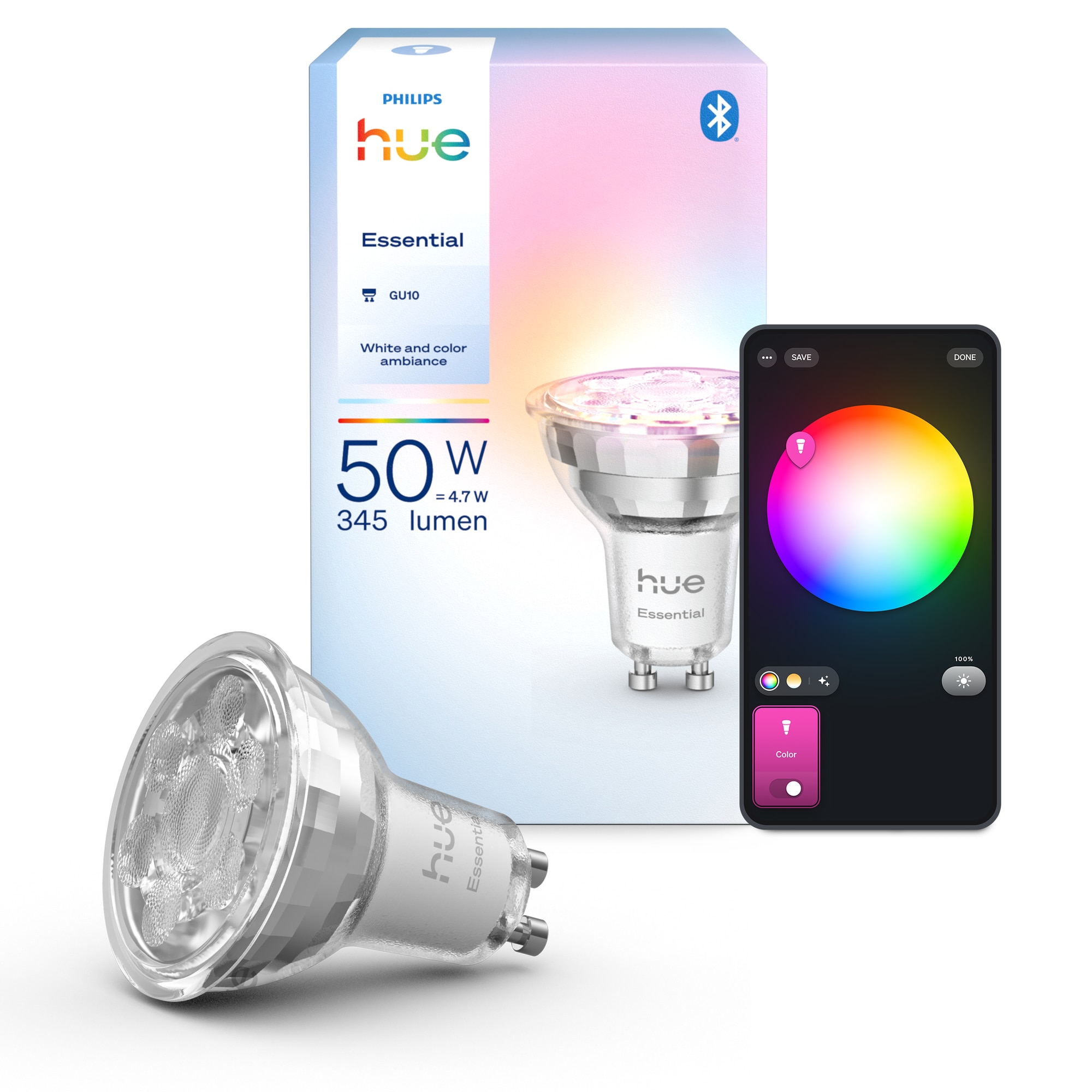 Spot LED smart Philips Hue Essential WCA 345 GU10, 345 lm, 4.7 W, lumina alba calda si rece (2200-6500 K), IP20, control vocal, clasa energetica F