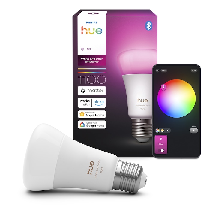 Крушка RGB Philips Hue WCA 1100, A60, E27, 1100 lm, 75 W, смарт, бяла и цветна светлина (1000-20.000K), гласов контрол, енергиен клас D
