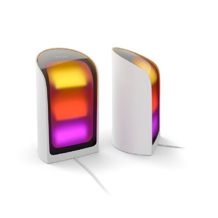 Set 2 lampe de masa Philips Hue Play, 240 V, 1035 lm, IP20, 2000-6500 K temperatura culoare, Wi-Fi, Bluetooth, Zigbee, 2 m lungime cablu, Alb