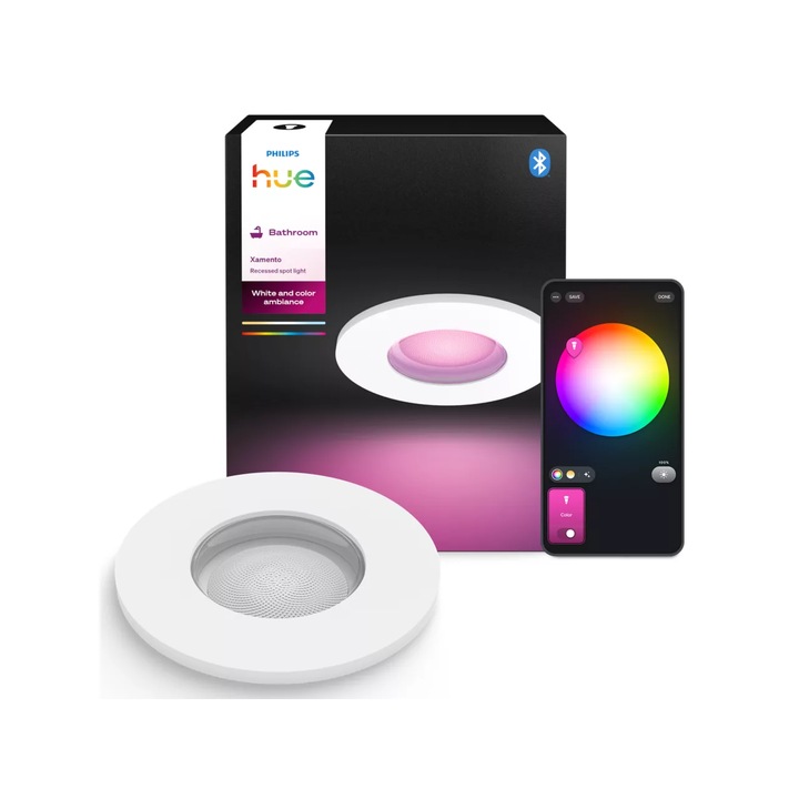 Spot Philips Hue Xamento, 4.2 W, GU10, 1200 lm, IP44, 2000-6500 K temperatura culoare, Wi-Fi, Bluetooth, Zigbee, Alb, clasa energetica E
