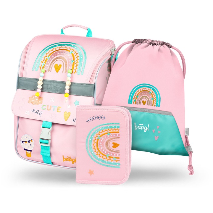 Set școlar Baagl Zippy Rainbow roz, ghiozdan ergonomic, geantă pentru pantofi, dimensiune 18l