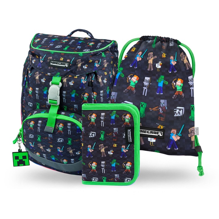 Set ghiozdan şcolar Baagl Minecraft Airy, ultralight, impermeabil, cu elemente reflectorizante, 750g