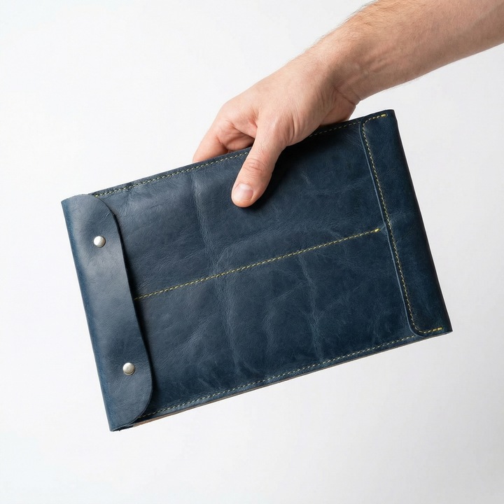 Husă premium bleumarin pentru tabletă, Natty Pell, piele naturală, dimensiuni 23x30x2cm, handmade