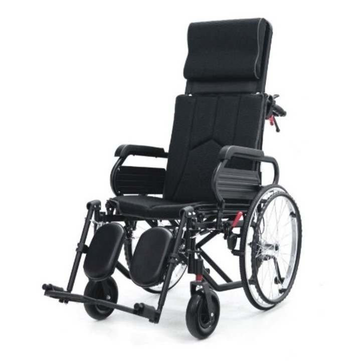 Scaun cu rotile din aluminiu, multipozabil, suporti picioare si gambe, tetiera, negru, sezut 48cm, Timago