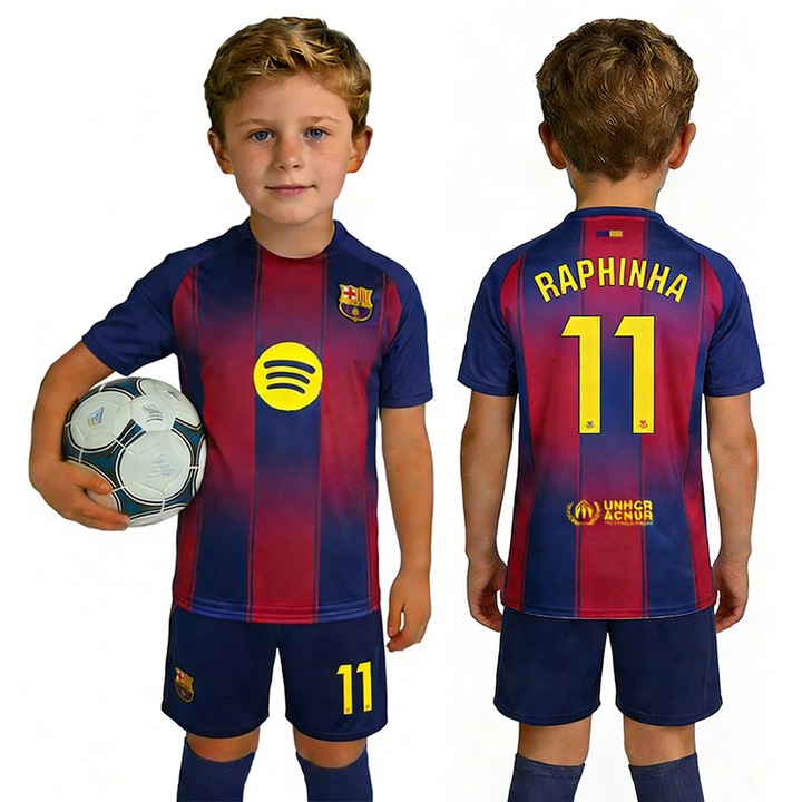Gyermek sportfelszerelés szett Barcelona Nr.11 Raphinha, pólóval, rövidnadrággal és zoknival, kék/piros, Piros/Kék