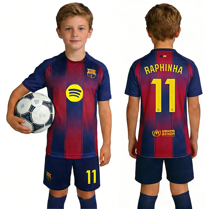 Echipament sportiv copii set Barcelona Nr.11 Raphinha, inclusiv tricou, pantaloni scurti si sosete, Albastru/Rosu, Rosu/Albastru