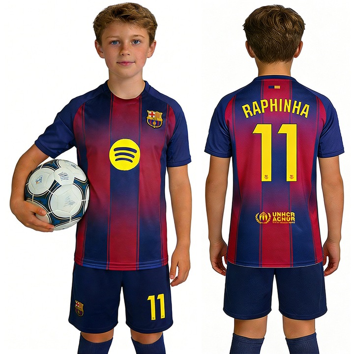 Спортен комплект за деца Барселона номер 11 Рафиня, включващ тениска, къси панталони и чорапи, синьо/червено, Червен/Син