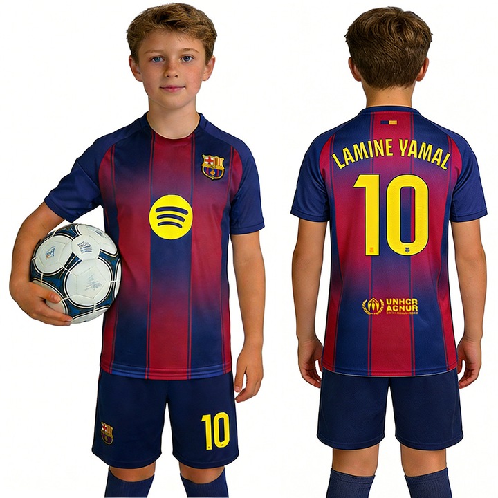 Спортен комплект за деца Барселона номер 11 Рафиня, включващ тениска, къси панталони и чорапи, синьо/червено, Син