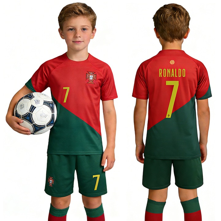 Echipament sportiv copii set Portugal Nr.7 Ronaldo, inclusiv tricou, pantaloni scurti si sosete, Rosu/Verde, Rosu/Verde