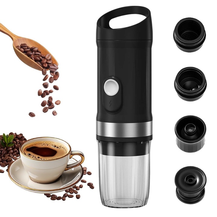 Espressor Portabil, MOSMAOO®, 3 in 1, Cu incalzire, Extractie rece si calda, 20 Bar, Baterie 9600 mAh, Rezervor apa 100 ML, Compatibil capsule mari, Capsule mici si cafea macinata, Negru