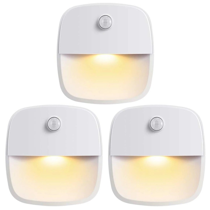 Set de 3 veioze LED cu senzor de miscare, SuooTci, alimentare cu baterii, autoadezive, alb, 7.4x7.4x2.8cm