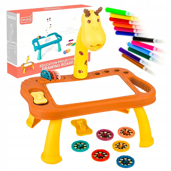 Masa de desen cu proiector LEDprojektor, set cu 12 markere colorate, 6 insertii cu grafice, dimensiuni ajustabile