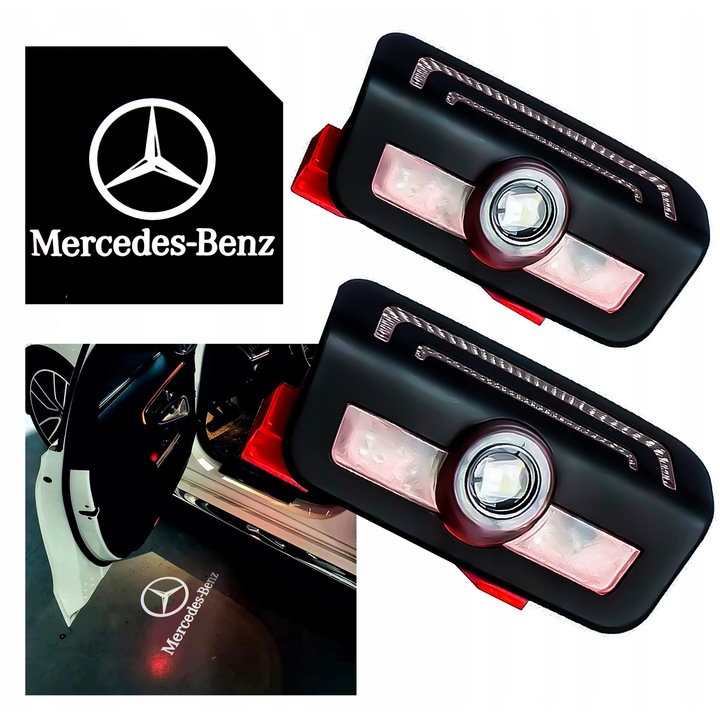 Комплект 2 LED прожектора Premium HD+ с лого Mercedes-Benz, Plug & Play, Устойчиви на атмосферни влияния, 12V