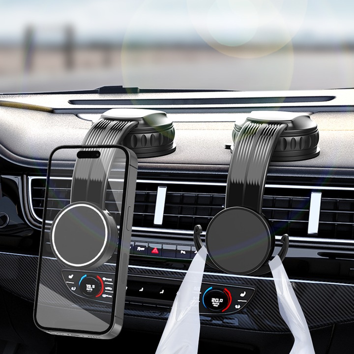 Suport Auto Pentru Telefon, KooFlip, Magnetic, Cu Ventuza Puternica, Cu Accesoriu Ascuns, Pentru Tablou De Bord Si Parbriz, Magsafe, Rotabil, Negru