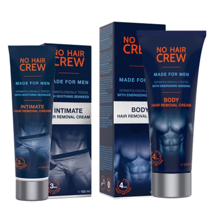 Szőrtelenítő krém testre és intim területekre, No Hair Crew, szett, férfiaknak, hosszantartó hatás, 2x200ml