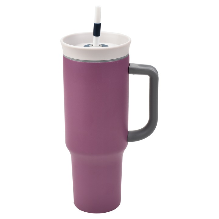 Cana Termos Cu Maner, Pai Si Gaura De Sorbit Destello®, 1.2 L, Otel Inoxidabil, Izolatie Termica cu Pereti Dubli, Rezistenta la Scurgeri, Ideala pentru Apa, Ceai, Cafea sau Smoothie, Design pentru, Birou, Masina Auto, Drumetii Cana Tumbler Ergonomica Mov