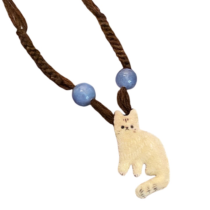 Pandantiv colier pisicuta draguta, accesoriu cu design de pisica de desene animate, bijuterie cu tematica de vacanta la plaja, snur impletit cu doua margele albastre, bej