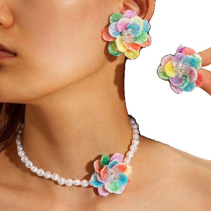 Set cercei si colier cu flori de trandafir, cercei cu petale multiple, accesorii in stil de vacanta la plaja, design estetic oriental, colorat