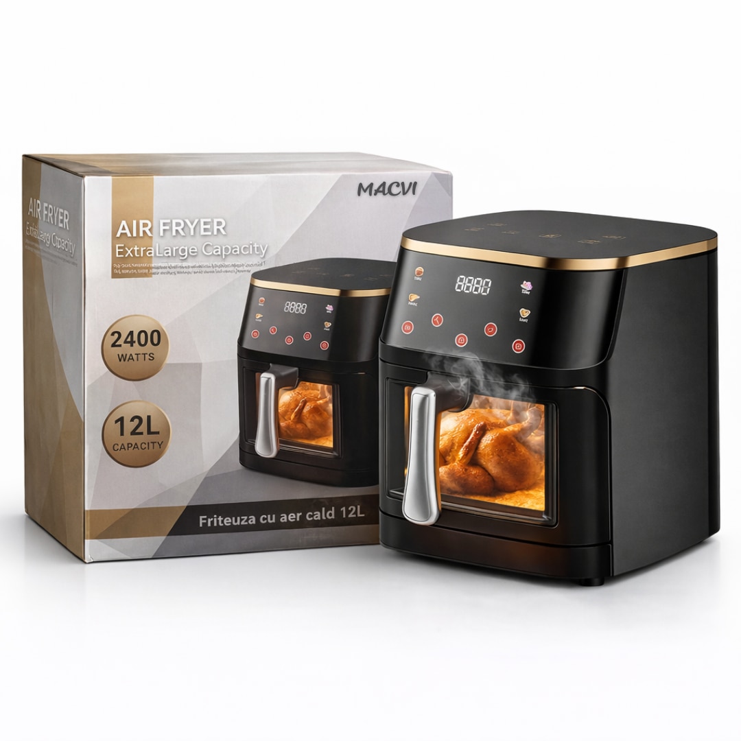 Friteuza aer Macvi® cu aer cald 12L 2400W, fereastra transparenta, panou digital touch, 8 programe presetate, control temperatura 80-200°C, timer 0-60 min, gatire fara ulei, functie 3D, aer circulant