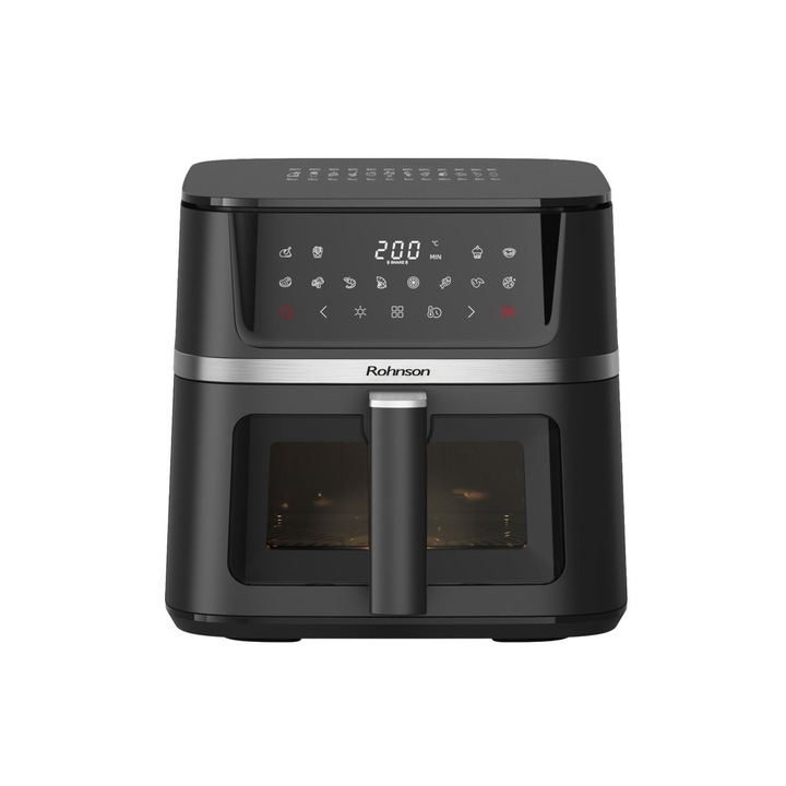 Friteuza cu aer cald Rohnson R28020, 2150W, 10 L, Panou tactil digital LED, 12 programe automate, timer 60 min, 80-200 ° C, maner termoizolat, protectie supraincalzire, oprire automata, vizor de sticla