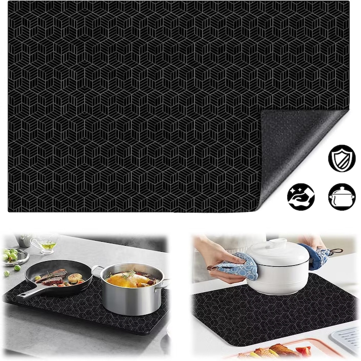 Covora protectoare pentru plita cu inductie, Bedee, 78x52 cm, Antiderapant, Portabila, Se poate taia, Rezistent la temperaturi ridicate, Silicon, Antizgarietura, Usor de curatat, Multifunctional, Plita cu inductie, cuptor, suprafete bucatarie, Negru