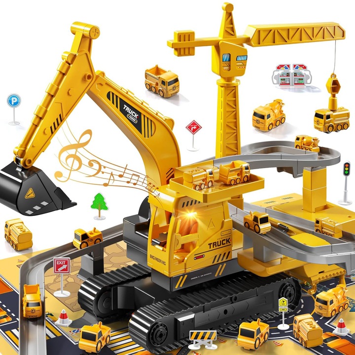 Baowor® Macara jucarie Set Utilaje Constructie Jucarie 2 in 1 Macara Transformabila in Pista Joc Cu 1 Excavator Mare 8 Masinute Tancuri Harta Scenariu Tractoare Excavatoare Excavator Utilaje Constructii Camion Sunet Lumini Joc Educativ Cadou Perfect