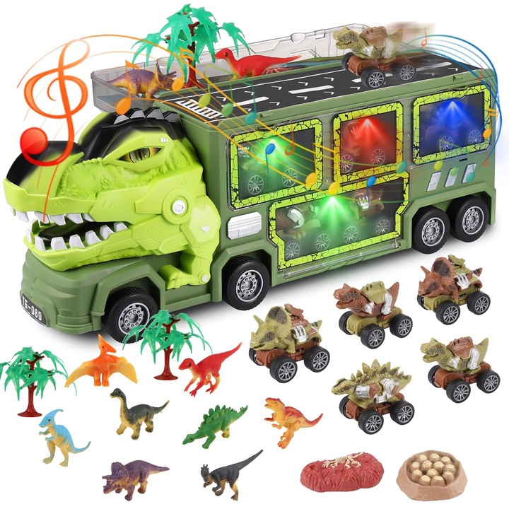 Baowor® Set camion trailer de jucarie pentru transport ，T-Rex，24 in 1, cu sunete, 5 masinute mini, 12 Dinozauri ，Educatie si Dezvoltarea Creativitatii pentru Copii, Camion de Transport ， Cadou Perfect 3ani+, verde