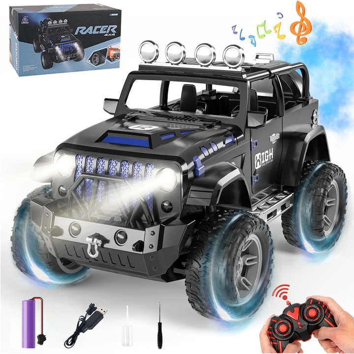 Baowor Távirányítós Autó Gyerekeknek, 4x4, 1:16, Spray Funkcióval, LED Fényekkel, Zenével, Terepjáró, Nagy Teljesítményű Off-Road Autó, 500mAh Akkumulátor, 60+ Perc Játékidő, 2.4GHz Távirányító, Nyitható Csomagtartó, Tökéletes Ajándék, Fekete
