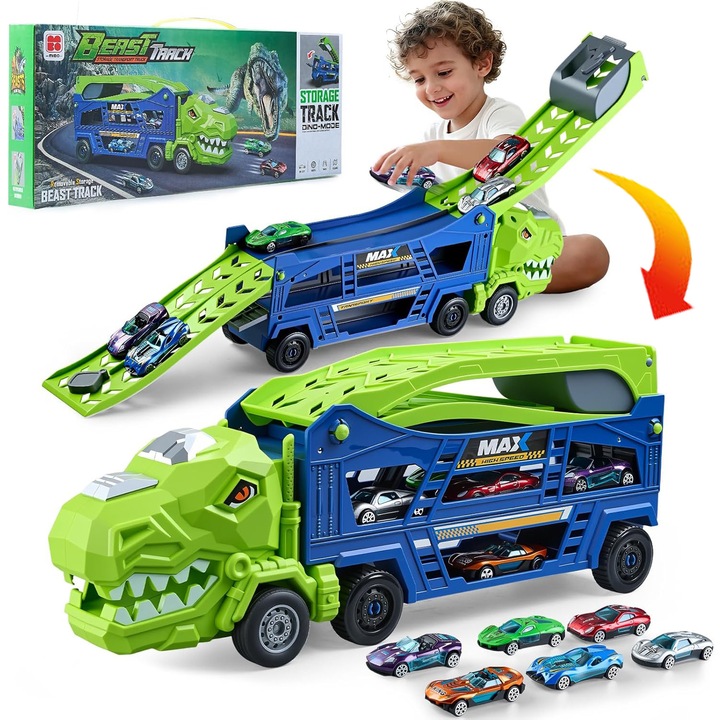 Baowor® Garaj masinute, Camion Dinozaur cu Masini 3 in 1 Transport Pista de Curse Garaj Dublu Camion Copii cu Masinute Pista Curse Masini Pista Masinute Masinuta de Curse Masinuta Set cu 6 Masinute Pista Dubla 27.5 Inch Joc Inertie Cadou pentru Copii